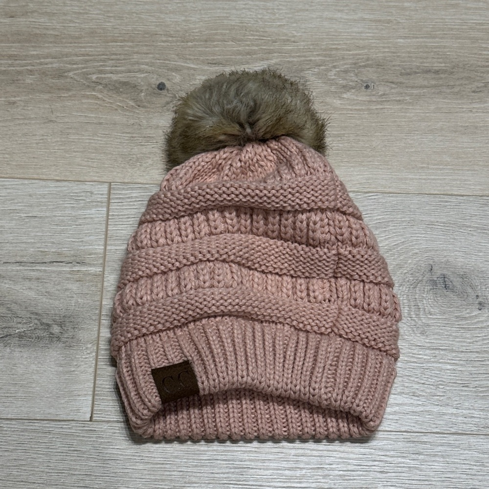 C.C Blush Knit Beanie with Faux Fur Pom-Pom